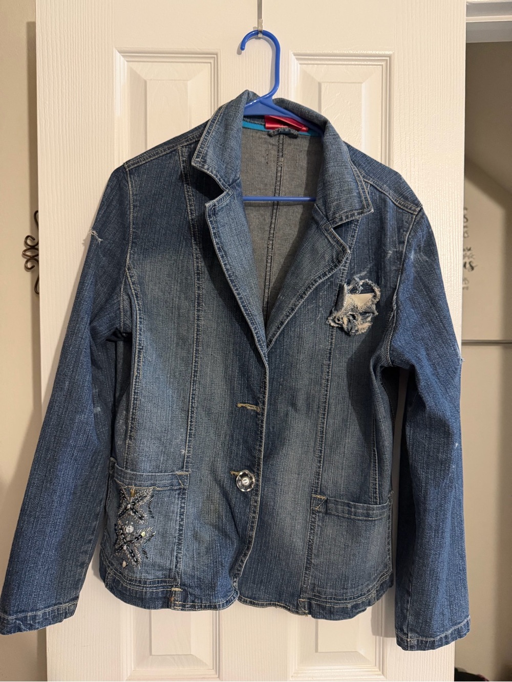 Women's Denim Blazer Jacket - Blue Rosette